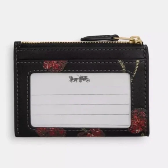 COACH Mini Skinny Id Case Leather Cherry Print Cardholder Keychain Wallet NWT